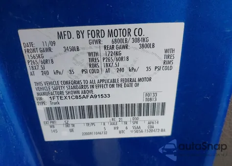 2010 Ford F-150 Fx2 Sport/Stx/Xl/Xlt z USA, uszkodzony, nr VIN 1FTEX1C85AFA91533